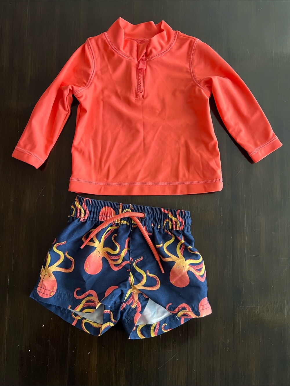 Carters Coral Long-Sleeve Rash Guard and Navy Octopus Swim Shorts Set